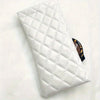 White quilted PU leather eyeglass case with a brown patterned cleaning cloth