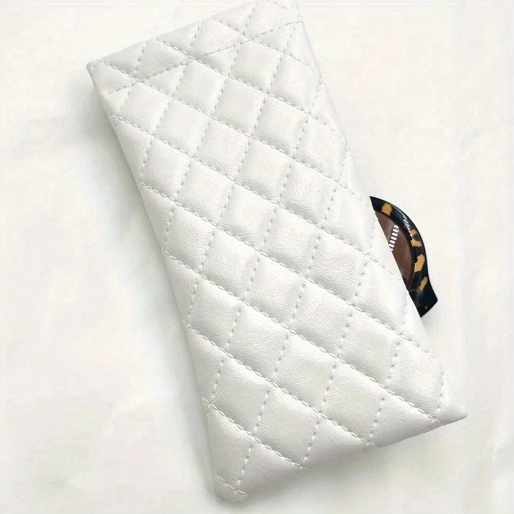 White quilted PU leather eyeglass case with a brown patterned cleaning cloth
