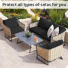 Wicker outdoor sofa cushion covers in black and beige protecting various types of outdoor sofas.
