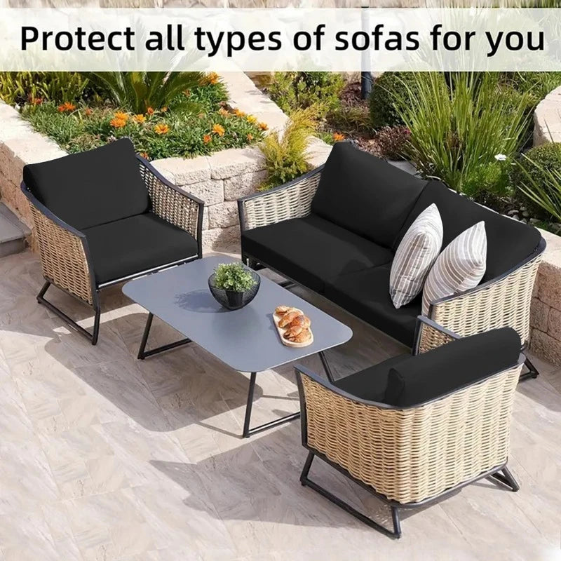 Wicker outdoor sofa cushion covers in black and beige protecting various types of outdoor sofas.