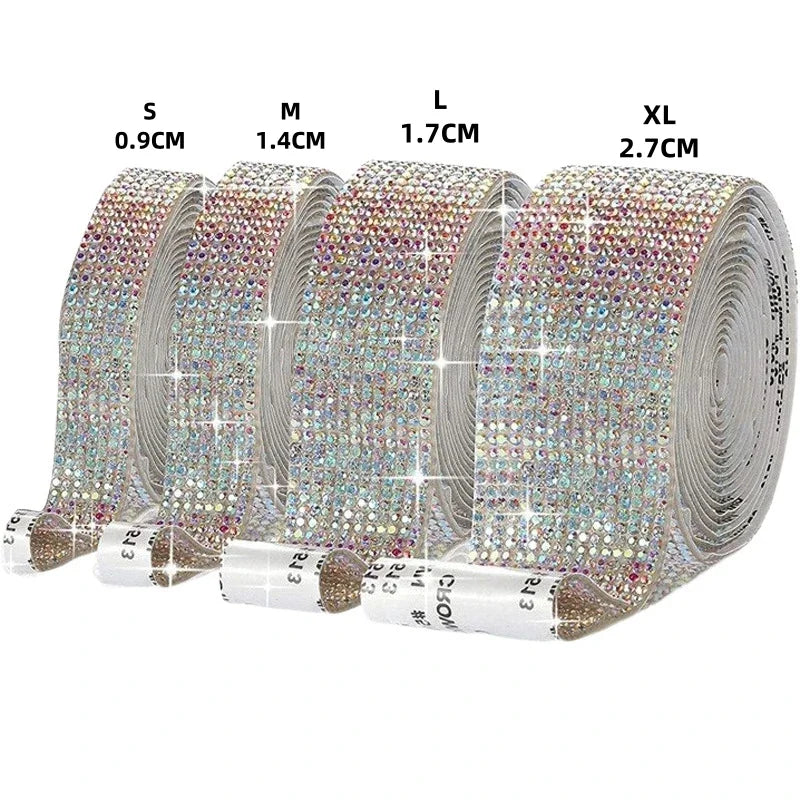 A roll of self-adhesive crystal rhinestone ribbon in various sizes (S to XL) for DIY crafts.