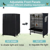 Adjustable front panels for a bird cage night cover showing put down and put up functions