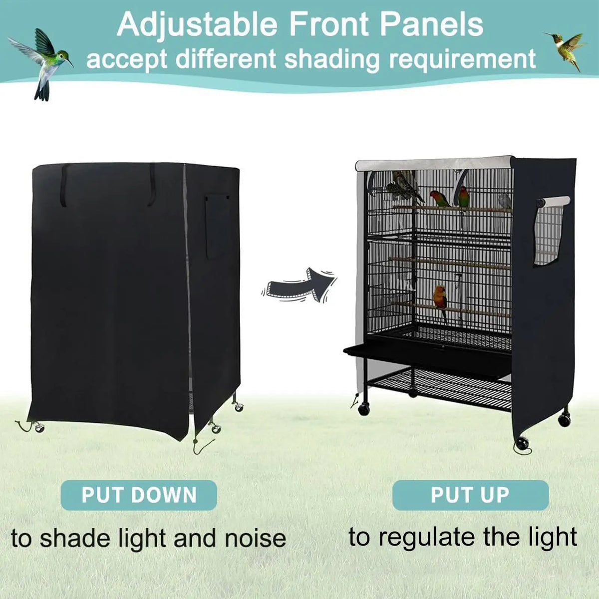 Adjustable front panels for a bird cage night cover showing put down and put up functions
