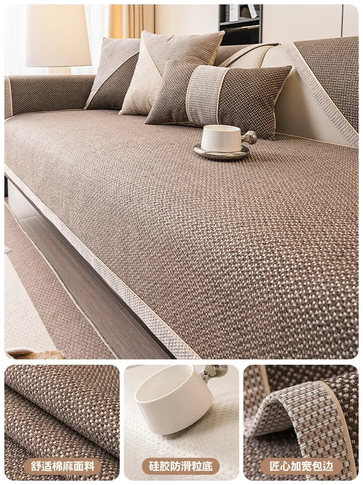 Close-up view of a woven sofa cushion cover in beige and brown tones, showing texture details.