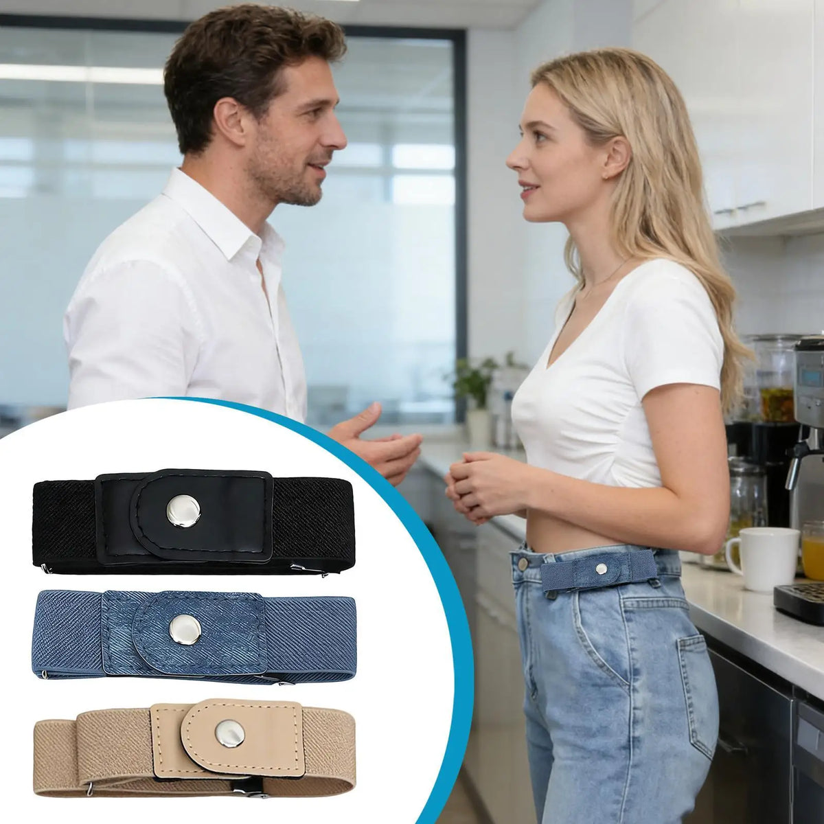 Three types of stretchable elastic belts shown for adjustable waist fit: black, blue denim, and tan.