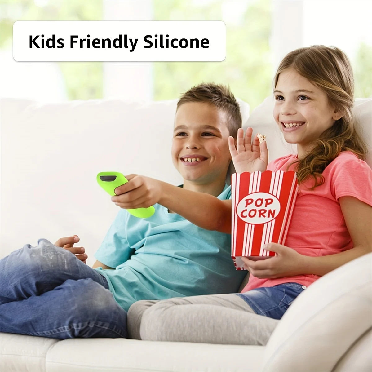 Two children are shown using glow-in-the-dark silicone remote covers while sitting on a couch.