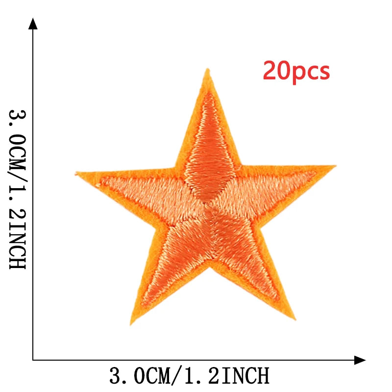 A set of 20 five-pointed star embroidery patches in orange thread, measuring 3cm or 1.2 inches across.