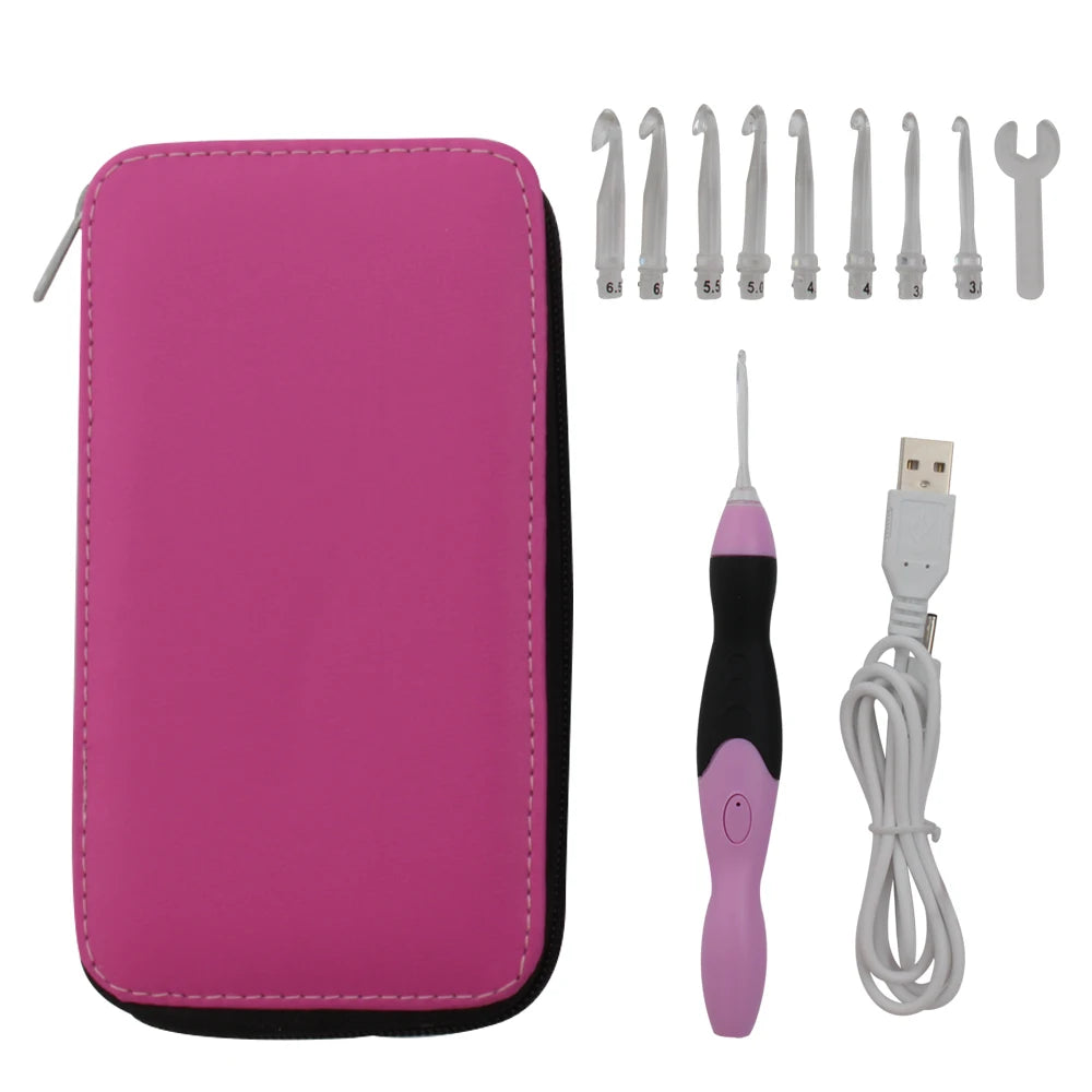 A pink zippered pouch containing a 9-in-1 rechargeable LED crochet hook set and a charging cable.