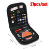 A black zippered pouch containing a 27-piece sewing kit with various needles, pins, and tools.