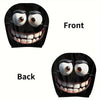 Front and back views of a black decorative smiley face car pillow cover