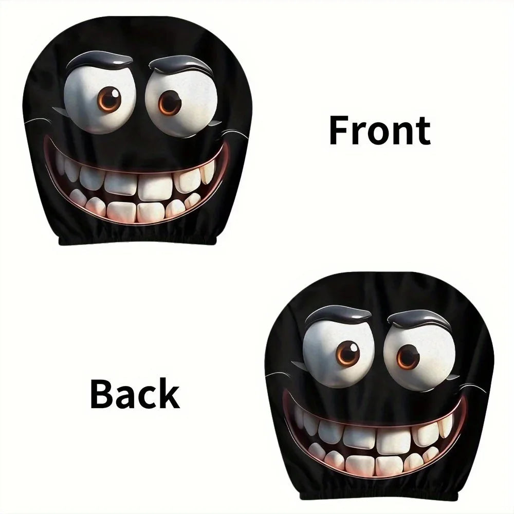 Front and back views of a black decorative smiley face car pillow cover