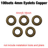 A set of 100 copper 4mm eyelets, measuring 4mm or 0.16 inch.