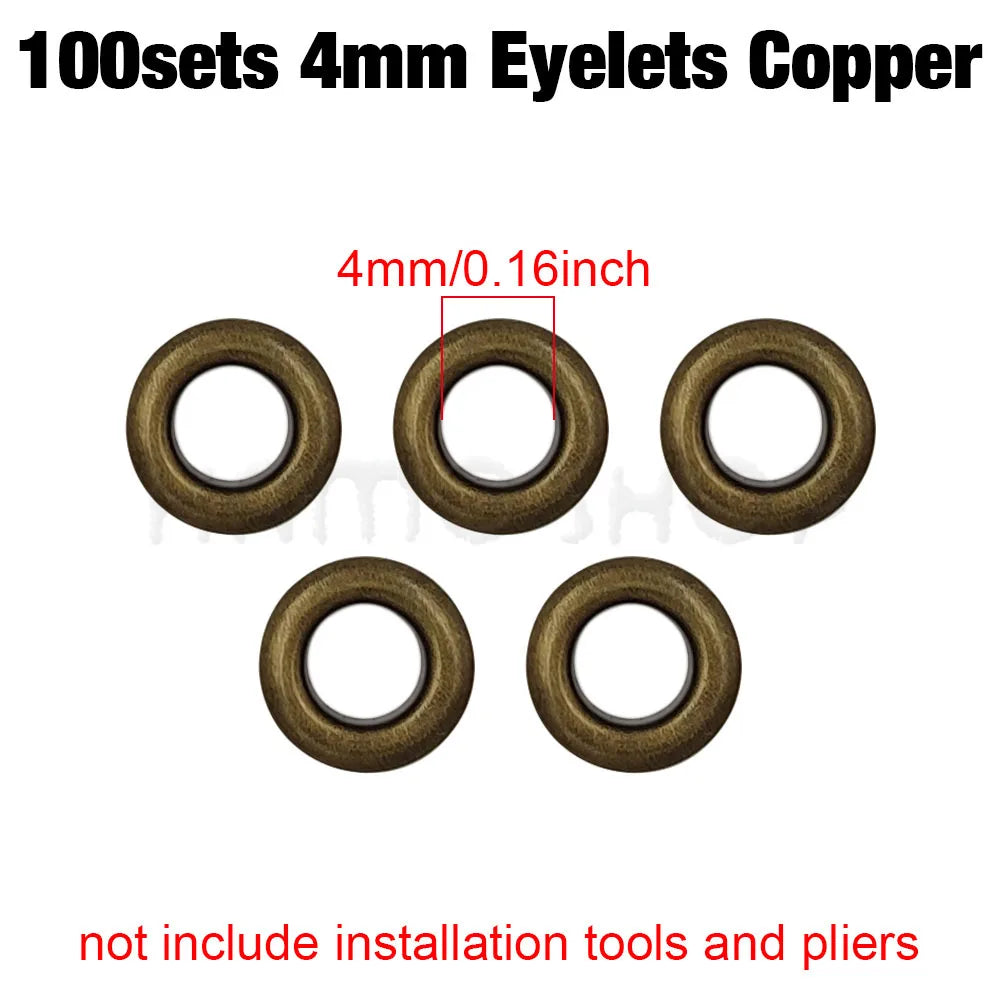 A set of 100 copper 4mm eyelets, measuring 4mm or 0.16 inch.