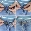 Four steps demonstrating how to use a metal button extender for pants and jeans.