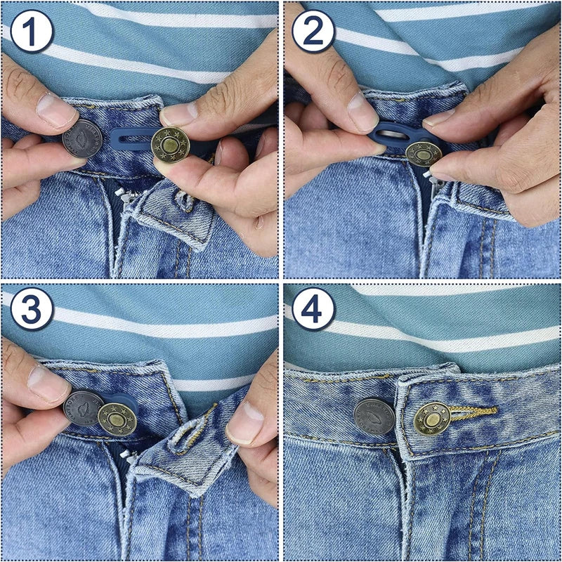Four steps demonstrating how to use a metal button extender for pants and jeans.