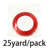 A roll of red satin ribbon, 25 yards per pack, is sealed in a clear plastic bag.