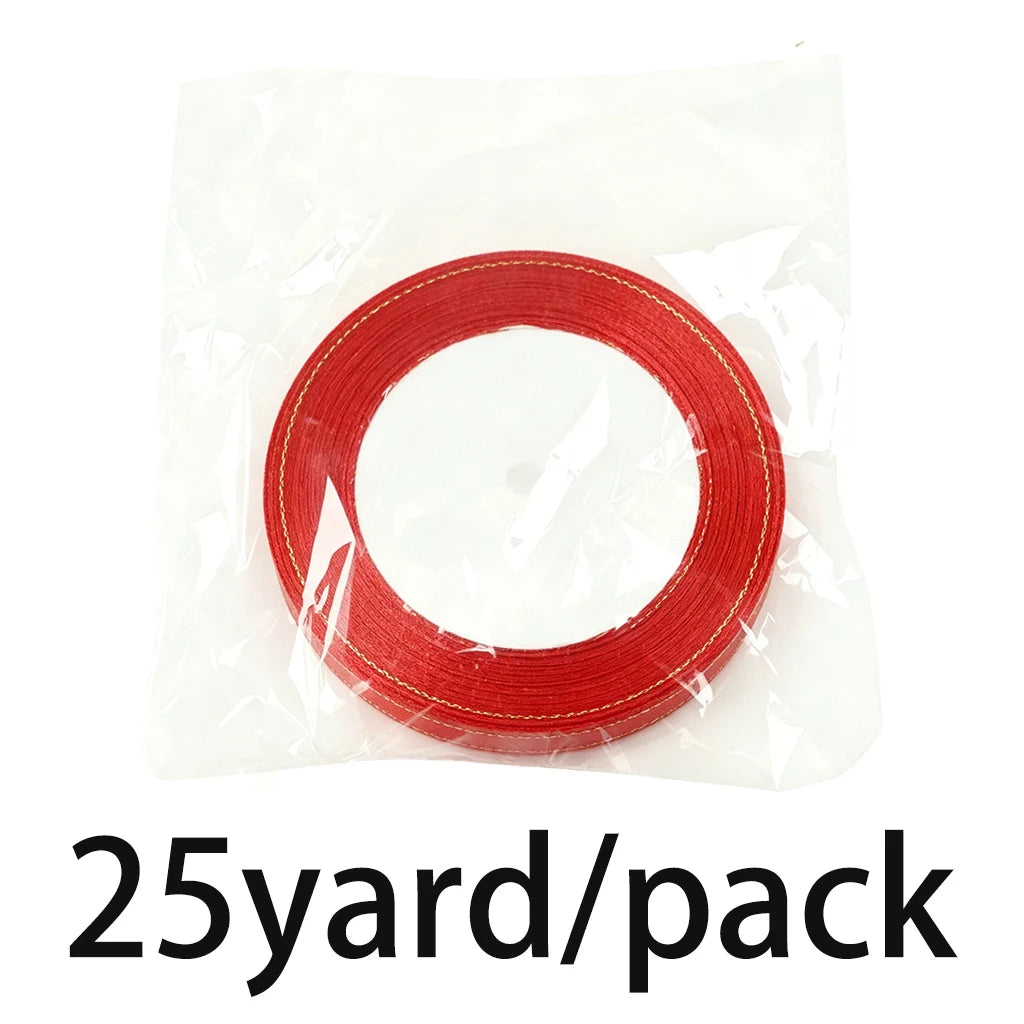 A roll of red satin ribbon, 25 yards per pack, is sealed in a clear plastic bag.