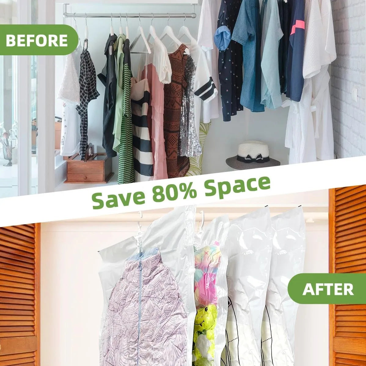 Before and after comparison showing hanging vacuum storage bags for clothing saving space
