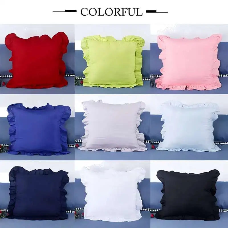 A grid display of colorful ruffled pillow covers in various shades including red, lime green, pink, blue, and white.