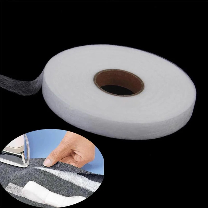 Roll of white double-sided fabric interlining tape with a close-up showing the tape being applied to fabric.