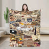 A woman holds up a large textile print featuring various literary and nostalgic themes for a cozy knit throw blanket.