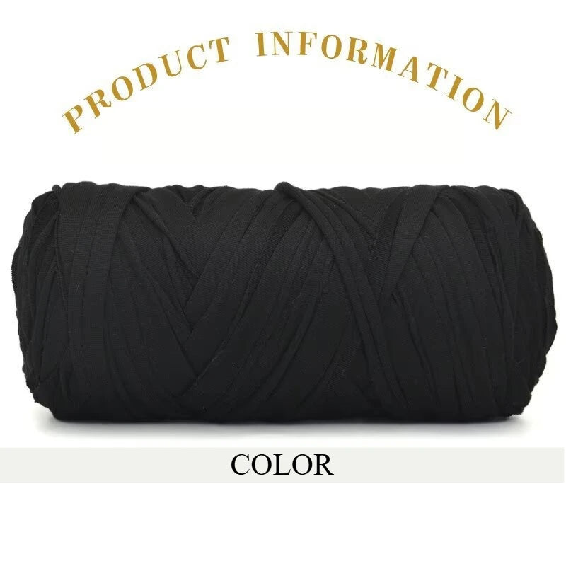 A skein of thick black polyester blended yarn for crafting.