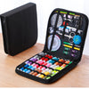 A black zippered case containing a complete sewing kit with various tools and threads for handicrafts