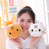 A woman is holding a soft orange cat plush pillow cushion in front of her.