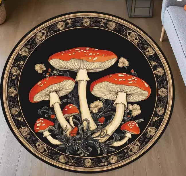 A round carpet featuring a detailed, dark floral pattern with illustrations of various mushrooms in orange and white tones.