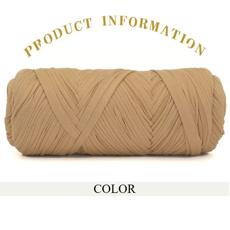 A skein of thick, beige polyester blended yarn is shown rolled up for crafting.