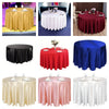 A collection of satin round table cloths in various colors including gold, white, red, black, and blue.