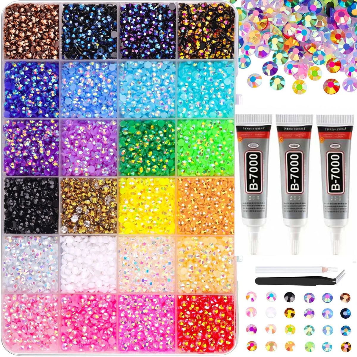 A collection of DIY resin rhinestone kits in various colors and glitter options for crafting and decoration.