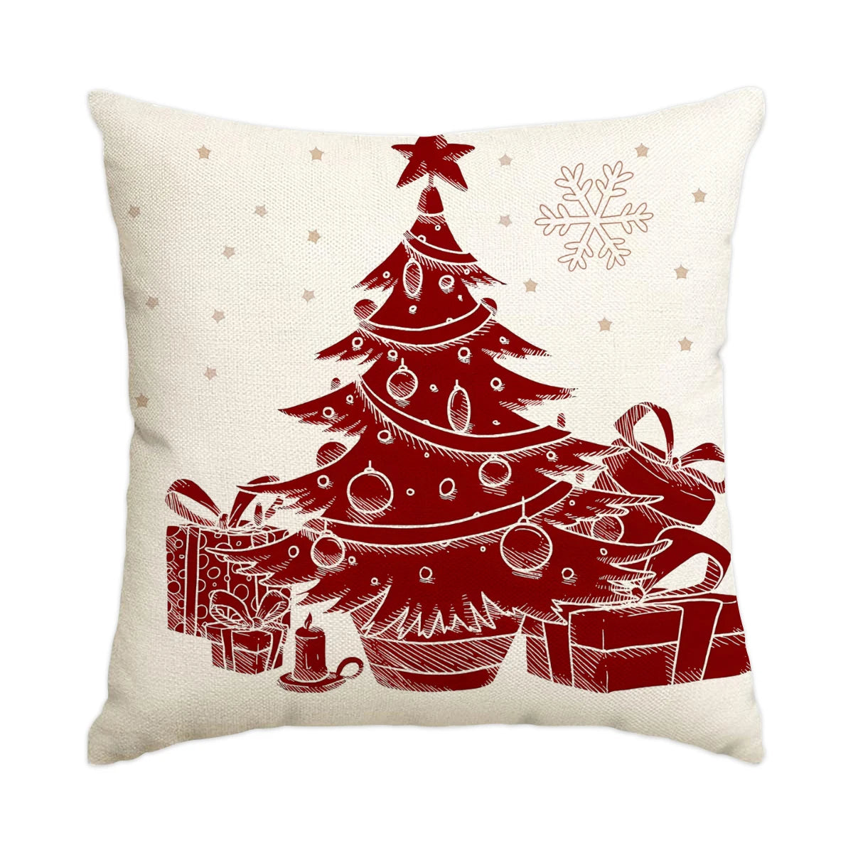 A red line drawing of a Christmas tree with gifts and snowflakes on a cream-colored pillow cover.