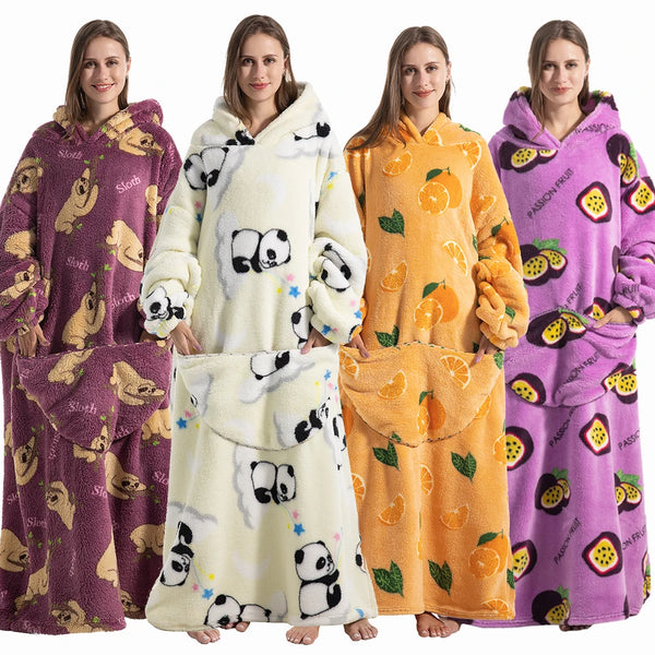 Four models wearing various colored plush fleece blanket hoodies