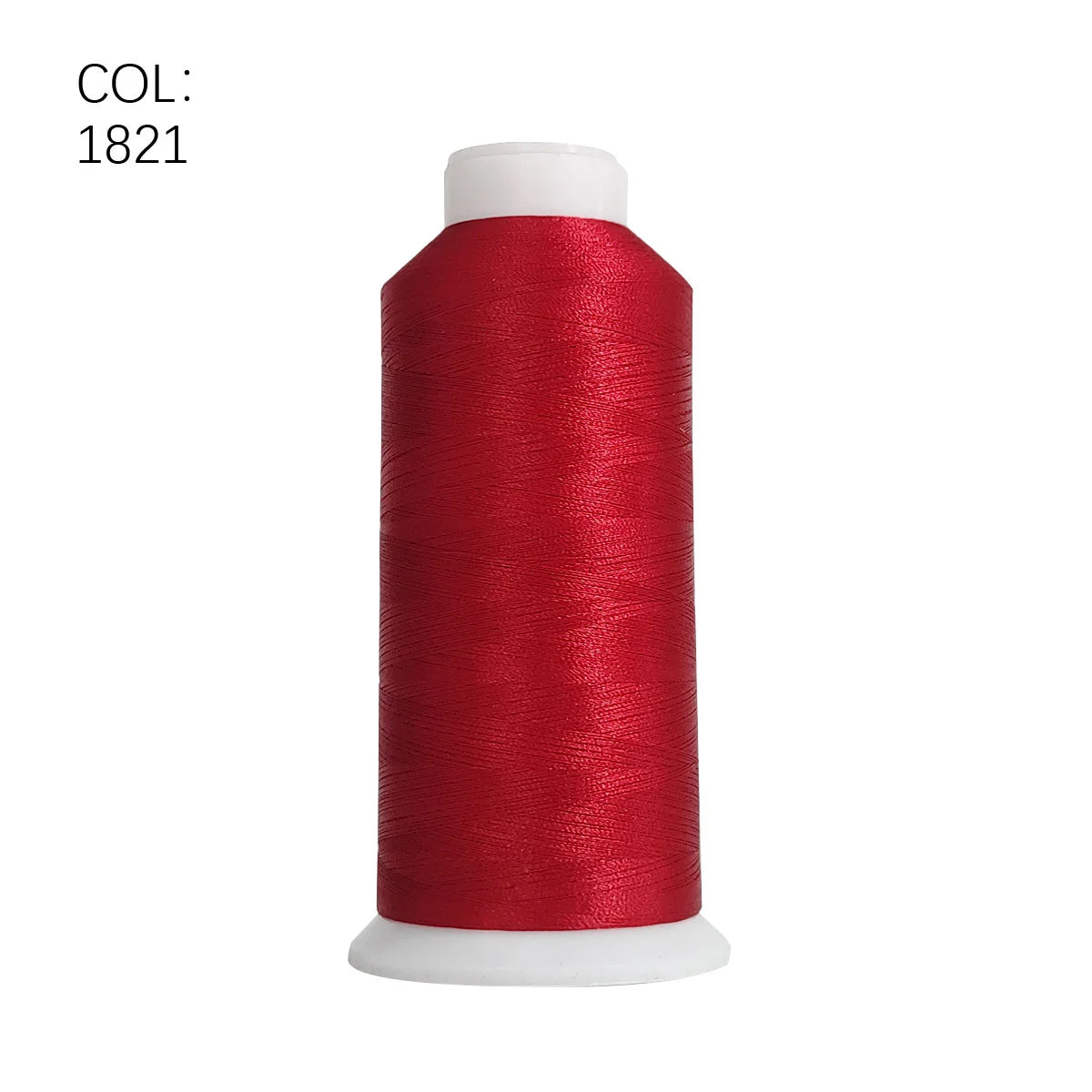 A roll of red polyester embroidery thread with a white core and white base.