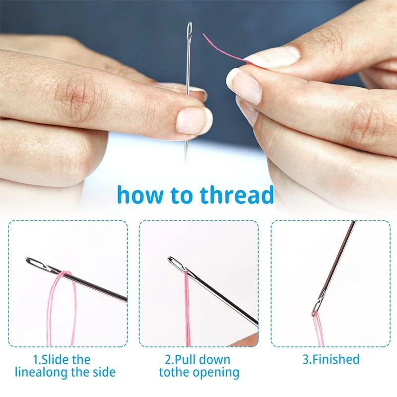 Hands demonstrate how to thread a needle using a precision self-threading sewing kit.