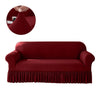 A deep red dustproof stretch sofa slipcover shown in a flat lay and a close-up of the fabric texture.