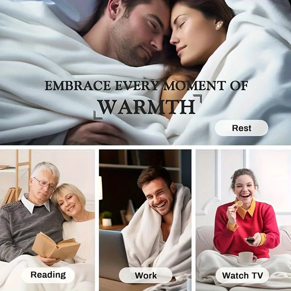 A collage of people relaxing and engaging in activities like reading, working, and watching TV while wrapped in a soft white 