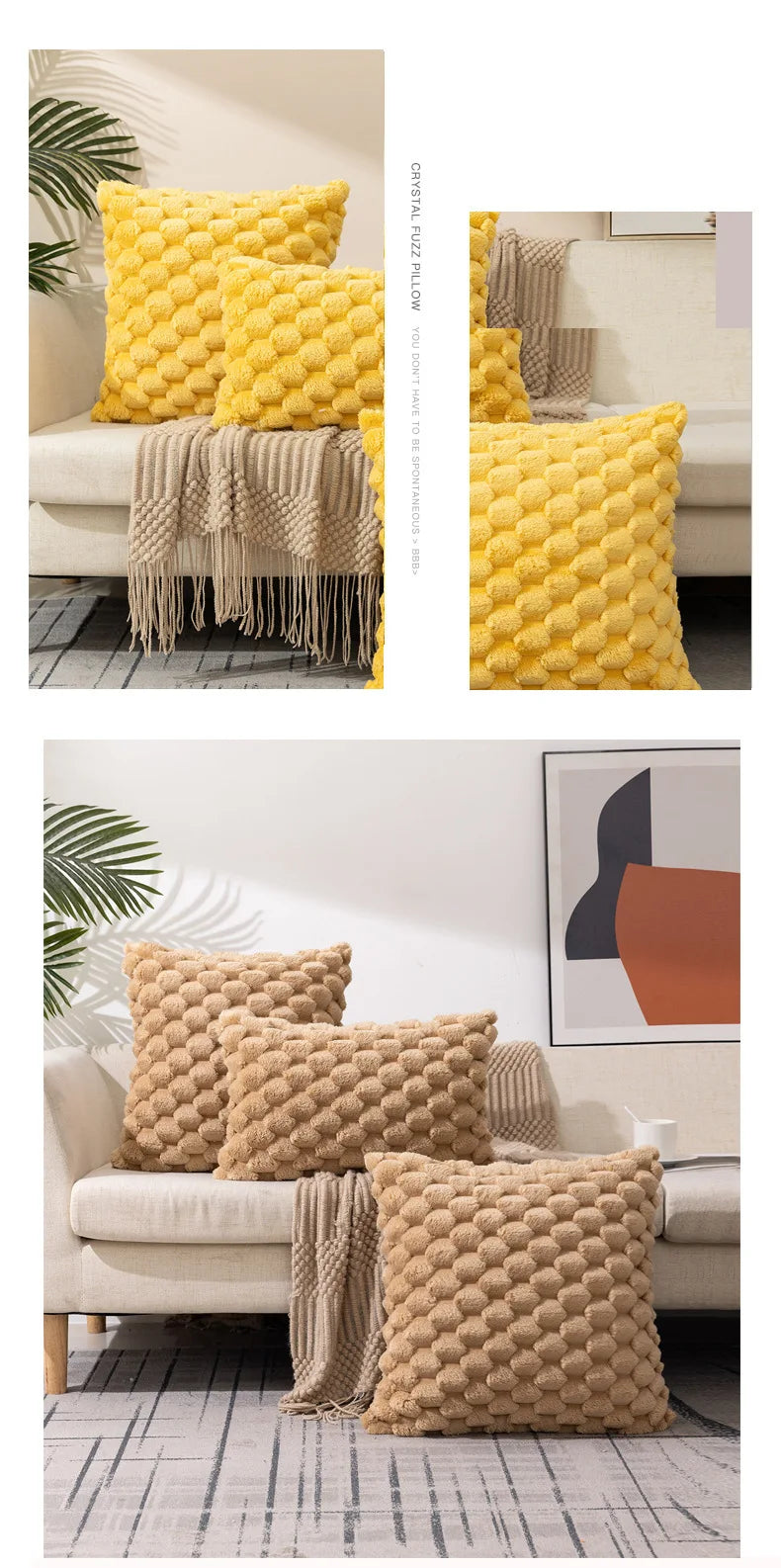 A collection of decorative plush pillow covers in yellow and beige textures displayed on a sofa.