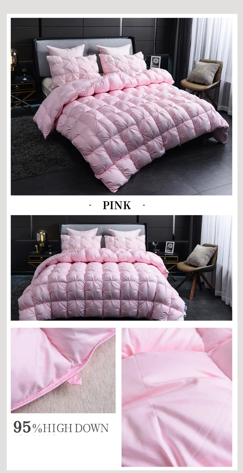 Pink luxury goose down duvet blanket displayed on a bed in a modern bedroom setting.