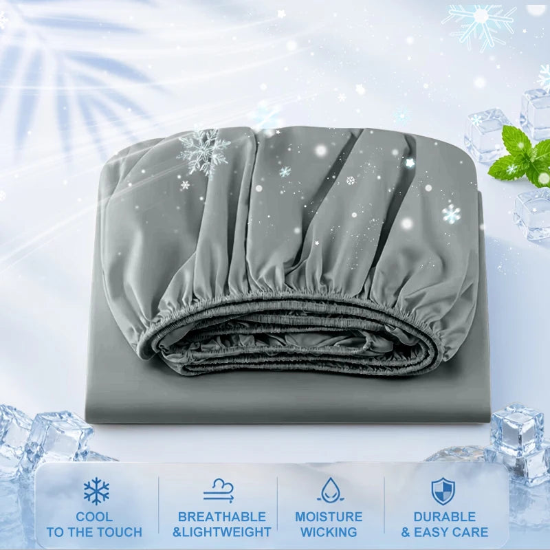 Gray cooling fitted sheet folded on a surface with features like cool to the touch, breathable wicking, and durable easy care