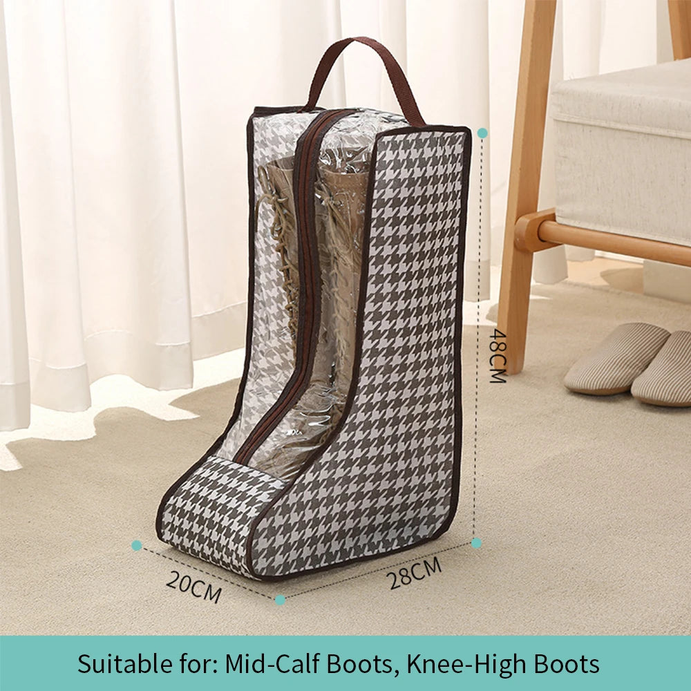 A portable boot storage bag with a carry handle, featuring a black and gray houndstooth pattern, shown on a light carpet.