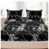 A black and white marble print bed sheet displayed on a bed, showing the sheet height measurement.
