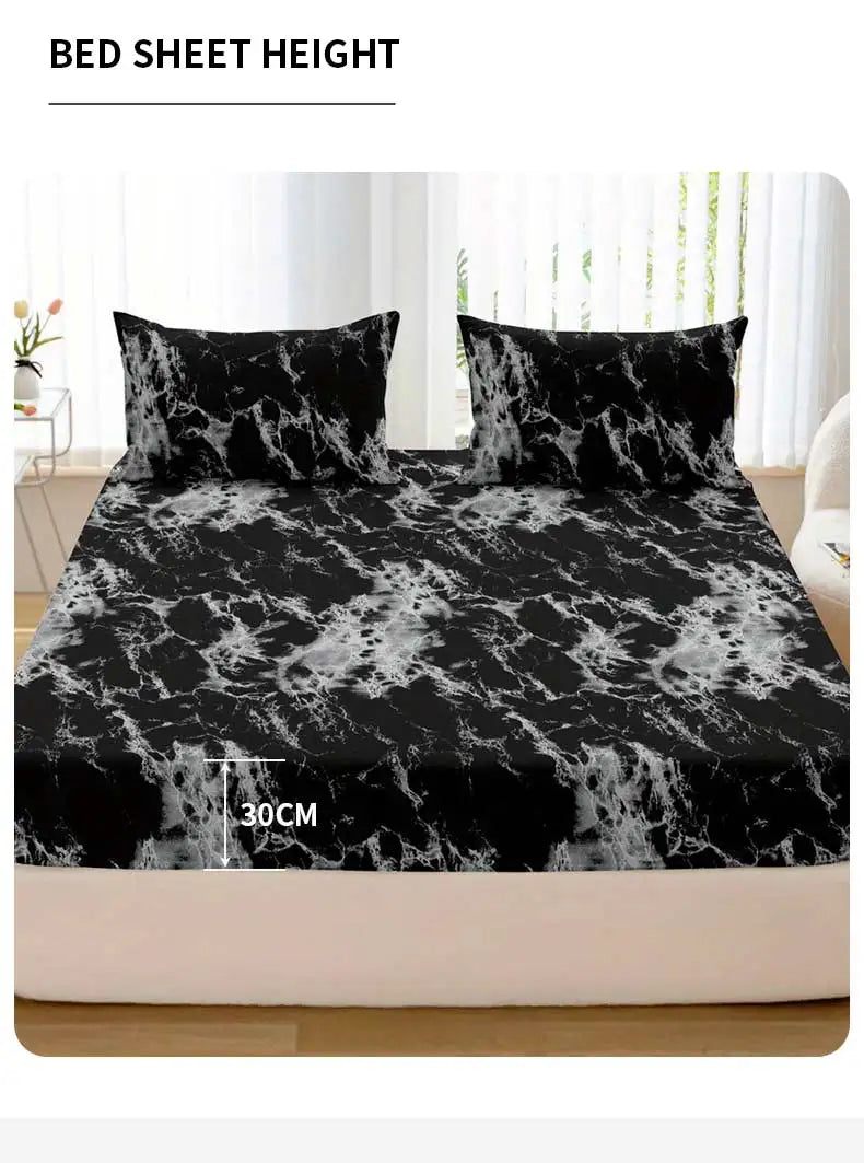 A black and white marble print bed sheet displayed on a bed, showing the sheet height measurement.