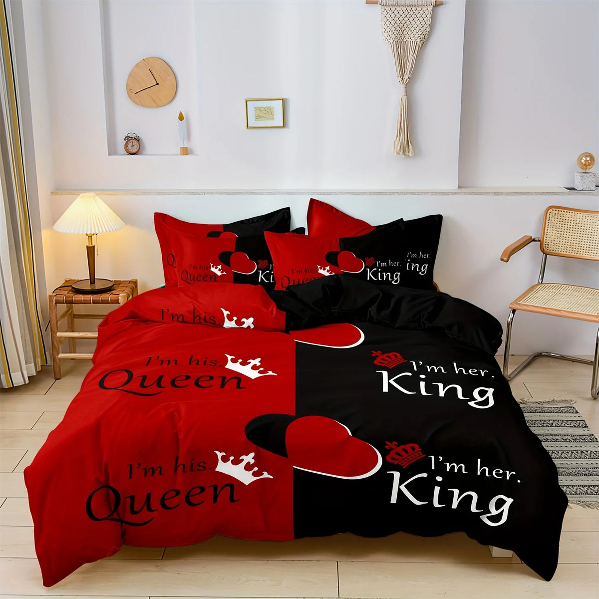 Printed letter bedding set featuring red and black designs for men and women