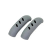 Gray silicone pan handle covers designed to protect heat resistant pot handles.