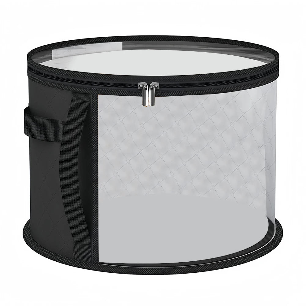 A black storage hat organizer with a clear mesh lid and a silver clasp.