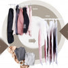 Hanging vacuum storage bags for clothing displayed in a circular arrangement showing before and after results.