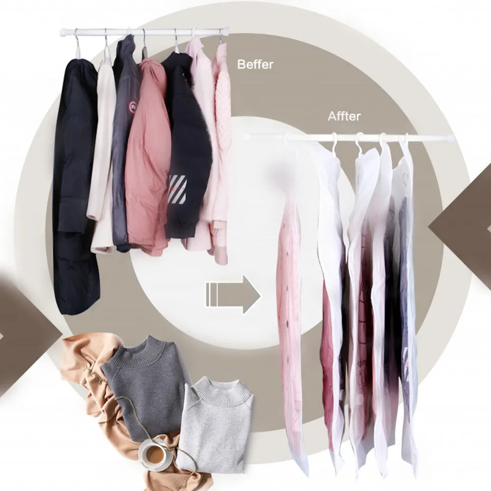 Hanging vacuum storage bags for clothing displayed in a circular arrangement showing before and after results.