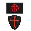 Black embroidered military cross shield patch with red detailing